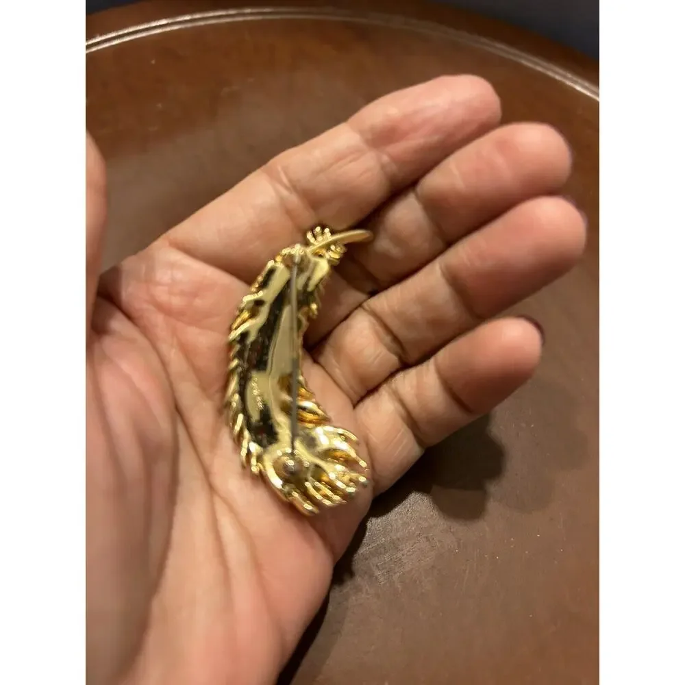 Vintage Gold‎ Tone Feather Brooch Pin with Faux Pearls